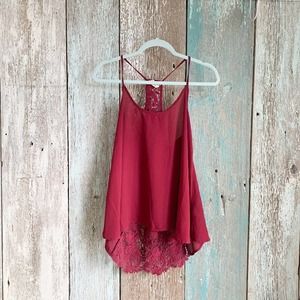 LA Hearts Maroon Lace Back Sheer Tank Top Medium